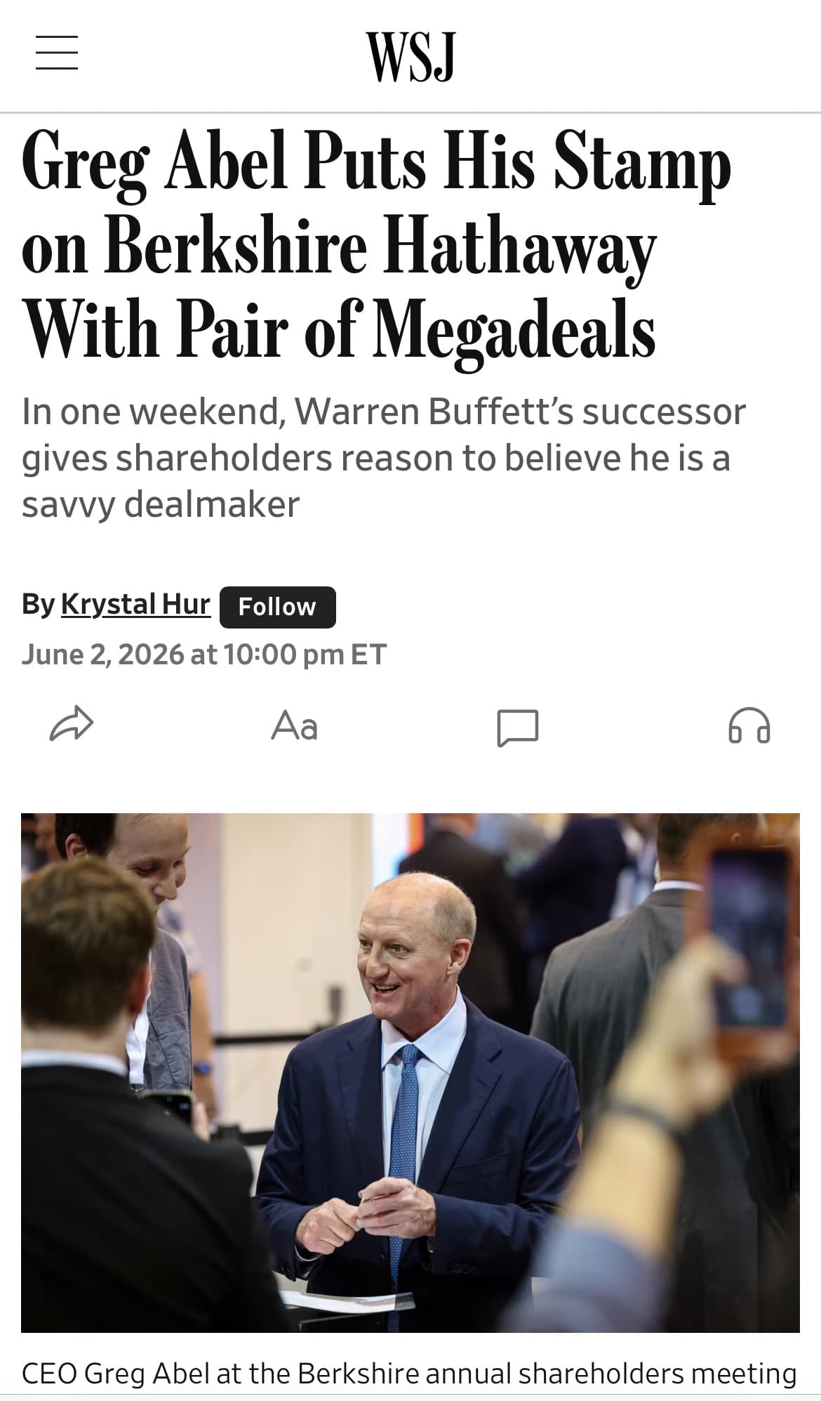 WSJ: Greg Abel puts his stamp on Berkshire Hathaway with a pair of megadeals